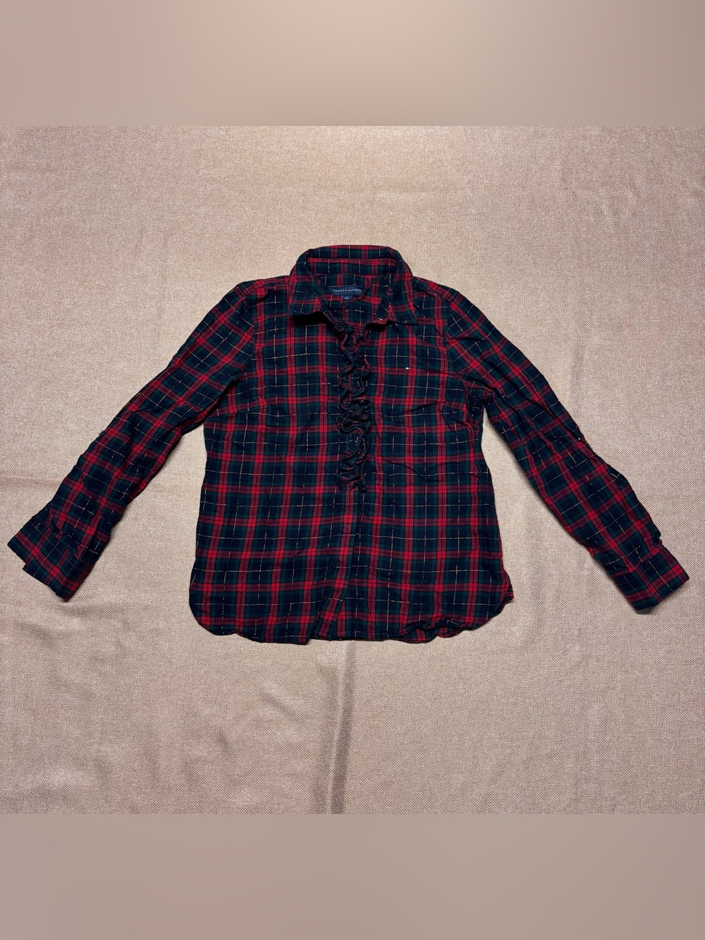 Tommy Hilfiger Navy & Red Plaid Ruffle Button-Down Shirt M